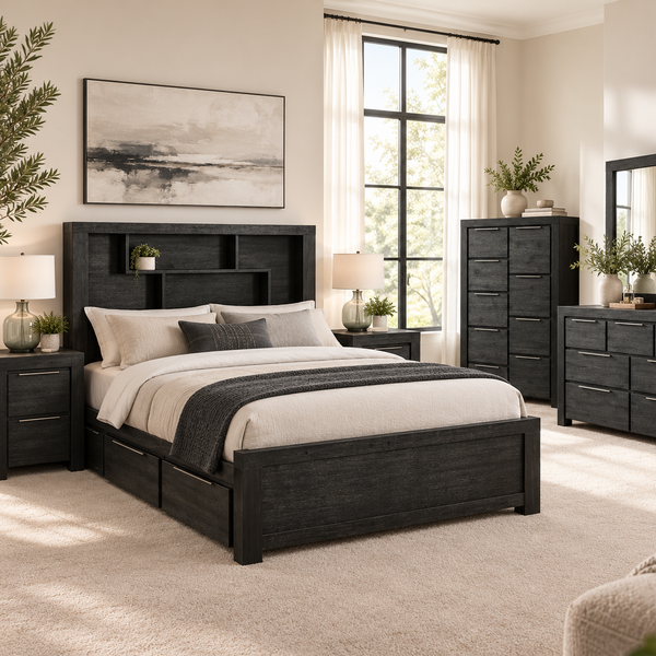 A dark charcoal black wooden bedroom furniture set arranged in a bright, modern bedroom. The set includes a bed frame with integrated headboard and footboard, two matching nightstands, a tall chest, a dresser with a matching mirror, and a matching tall floor cabinet.