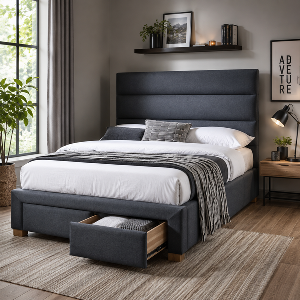 Alana Bed with Drawers Upholstered in Grey Fabric Lifestyle