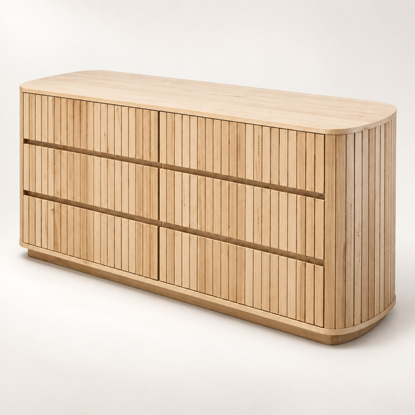 A modern wooden sideboard or credenza with a curved top and bottom, featuring vertical slat panel doors in a light natural wood finish, photographed on a clean white studio background.