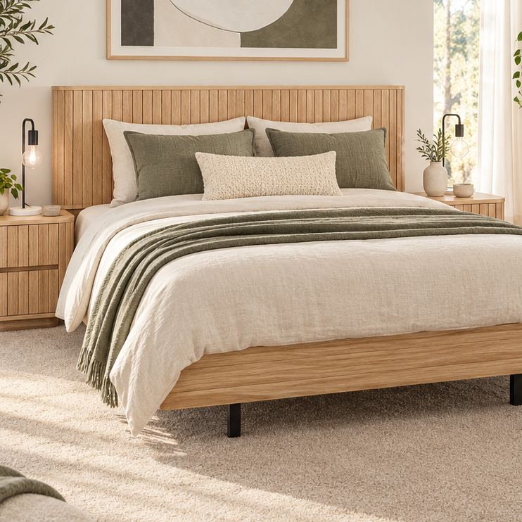 A modern bedroom featuring a light natural wood platform bed frame with a matching headboard, styled with neutral bedding and green accent pillows. The room has a matching light wood dresser, chest, and nightstands, a large abstract art print, and a soft beige shag carpet.