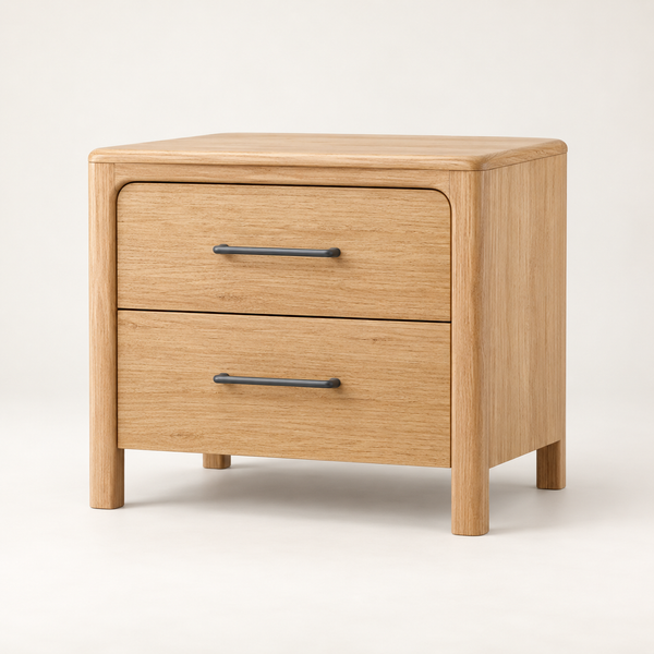 A light oak wood two-drawer nightstand with dark metal bar handles, shown on a clean off-white background.