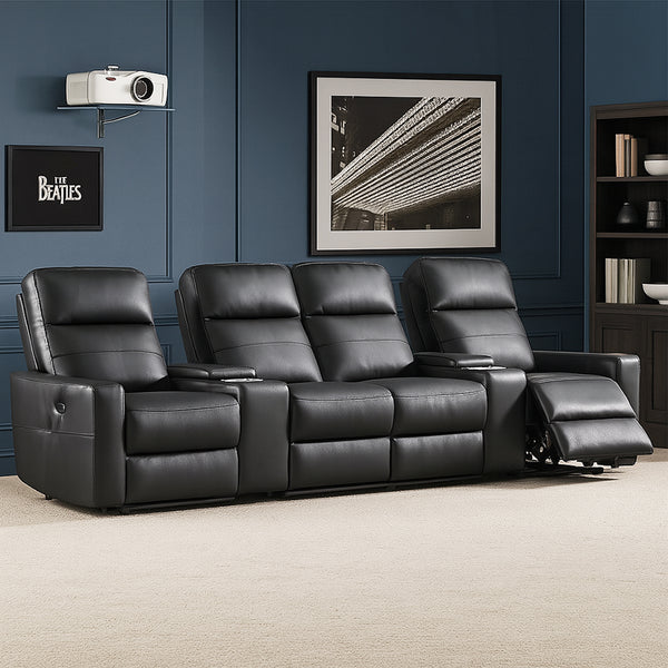 Dark gray electric recliner sofa with four padded headrests and reclining footrests