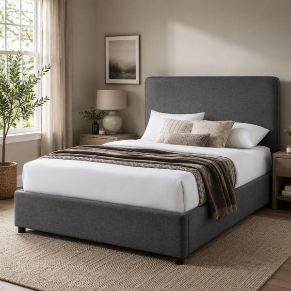 Becky Upholster Bed in Charcoal Fabric modern design queen and king size.