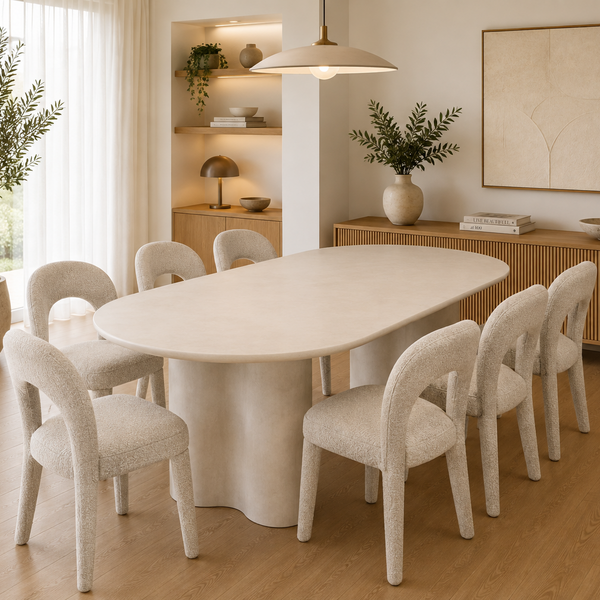 A modern dining room set featuring an oval light beige stone dining table surrounded by eight matching upholstered chairs with curved backs, set in a bright, minimalist dining room with light wood floors and warm neutral decor.