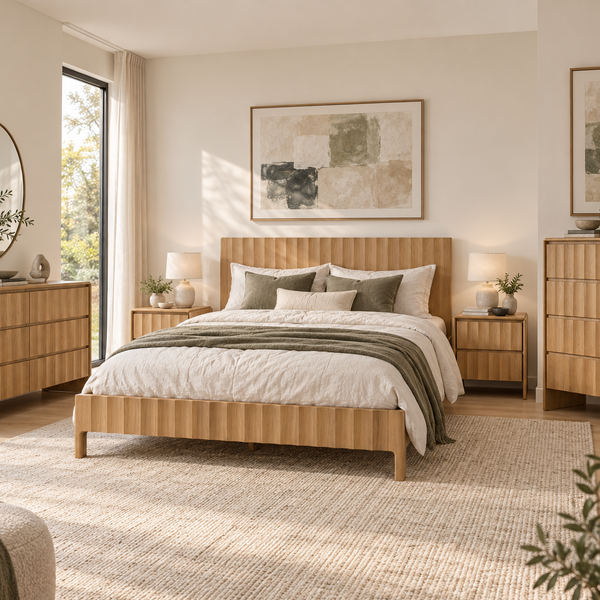A beautifully styled bedroom featuring a light natural wood platform bed with a slatted headboard, dressed in white and olive green bedding. The room is decorated with matching light wood nightstands, a dresser, and a large woven area rug, with warm sunlight streaming in from a window on the left.