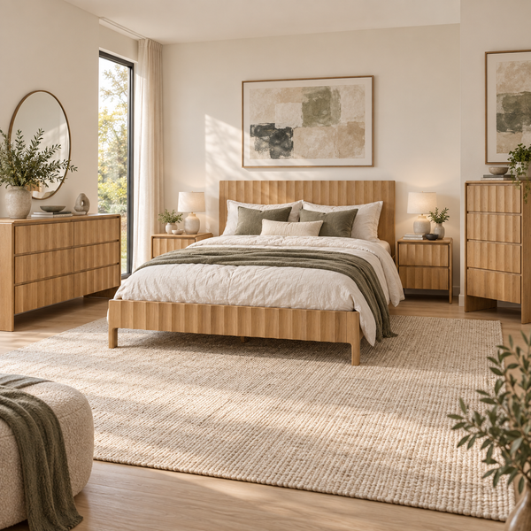 A styled bedroom interior featuring a light wood platform bed with a slatted headboard, dressed in white bedding and olive green accents, surrounded by matching wood furniture including a dresser, nightstands, and a chest, all on a large woven rug.