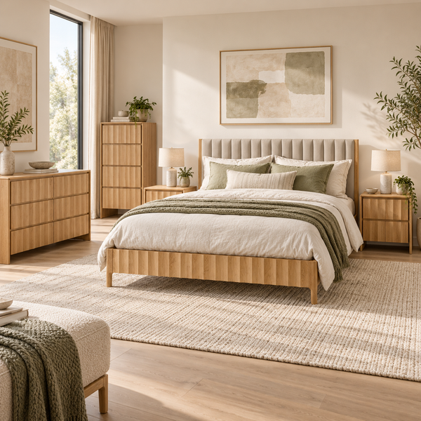 A beautifully styled bedroom featuring a light natural wood bed frame with a fluted footboard, a matching wooden nightstand and dresser, and a beige upholstered headboard. The room is decorated with neutral-toned bedding, green accent pillows, a textured beige rug, and warm natural light streaming in from a window.