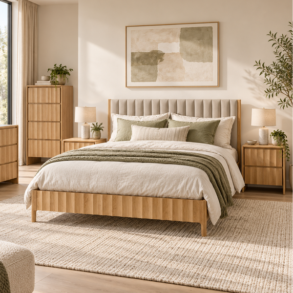 A beautifully styled bedroom featuring a light natural wood bed frame with a fluted footboard, a matching wooden nightstand and dresser, and a beige upholstered headboard. The room is decorated with neutral-toned bedding, green accent pillows, a textured beige rug, and warm natural light streaming in from a window.