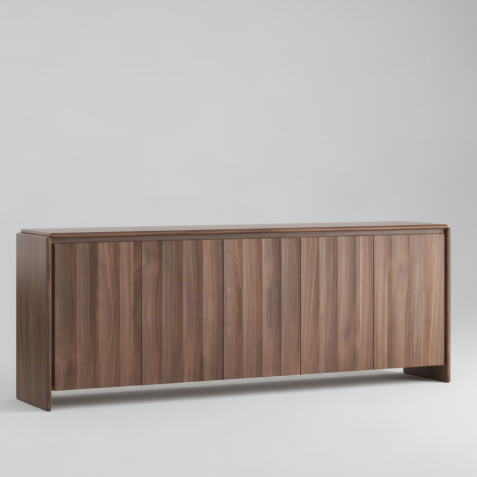 A modern sideboard or credenza with a walnut wood grain finish, featuring vertical panel doors and a minimalist design, shown against a plain white background.
