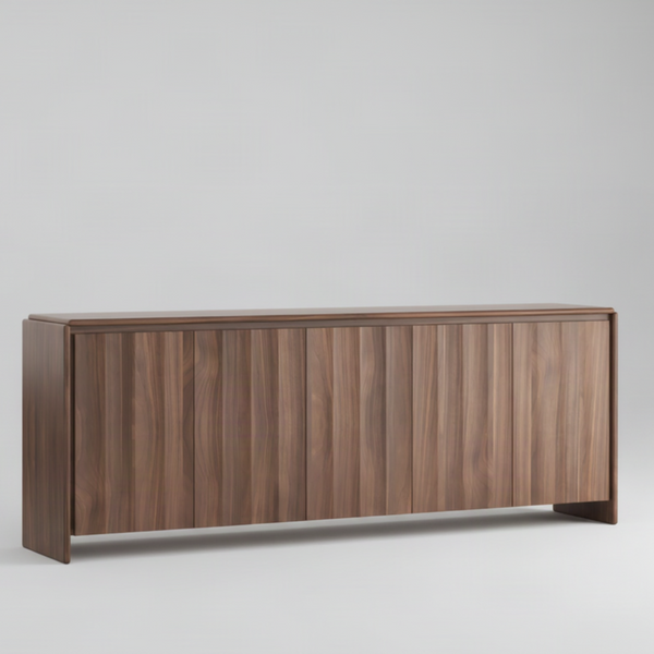 A modern sideboard or credenza with a walnut wood grain finish, featuring vertical panel doors and a minimalist design, shown against a plain white background.