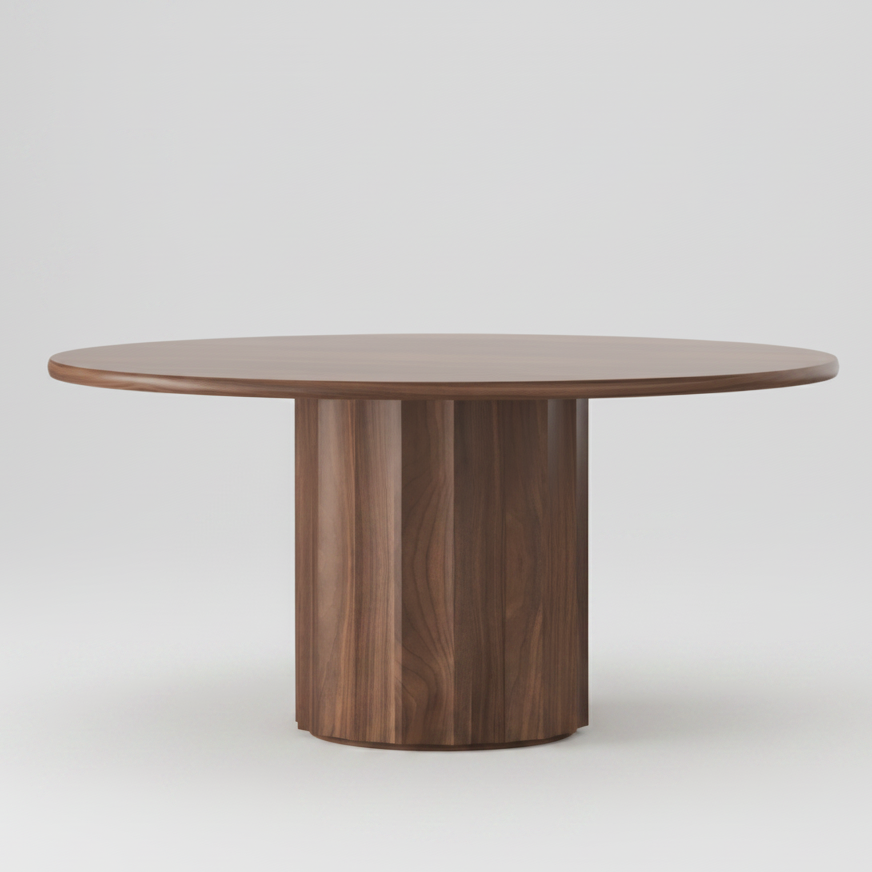 A round wooden dining table with a smooth medium-brown top and a matching fluted pedestal base, shown on a plain white background.