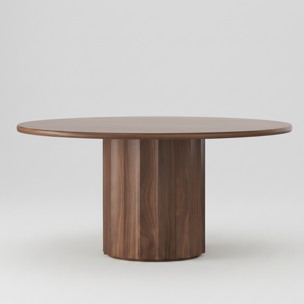 A round wooden dining table with a smooth medium-brown top and a matching fluted pedestal base, shown on a plain white background.