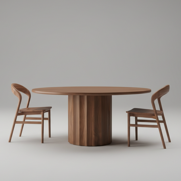 A round wooden dining table with a fluted pedestal base, flanked by two matching wooden chairs with curved backs, shown on a neutral gray studio background.