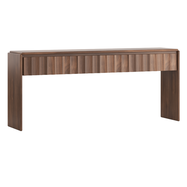 A modern console table with a medium brown wood finish, featuring a slatted front drawer compartment and blocky legs, shown against a plain white background.
