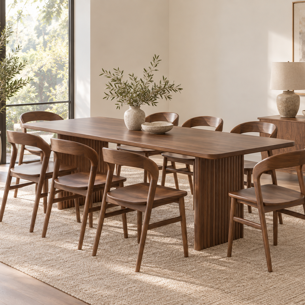 A mid-century modern dining room set featuring a rectangular wooden table and six matching chairs, styled on a textured beige rug in a bright, sunlit room.