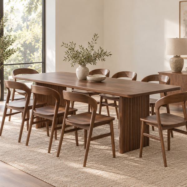 A mid-century modern dining room set featuring a rectangular wooden table and six matching chairs, styled on a textured beige rug in a bright, sunlit room.
