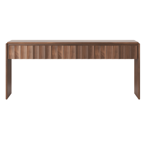 A modern wooden console table with a dark brown walnut finish, featuring a slatted front and tapered legs, shown against a plain white background.