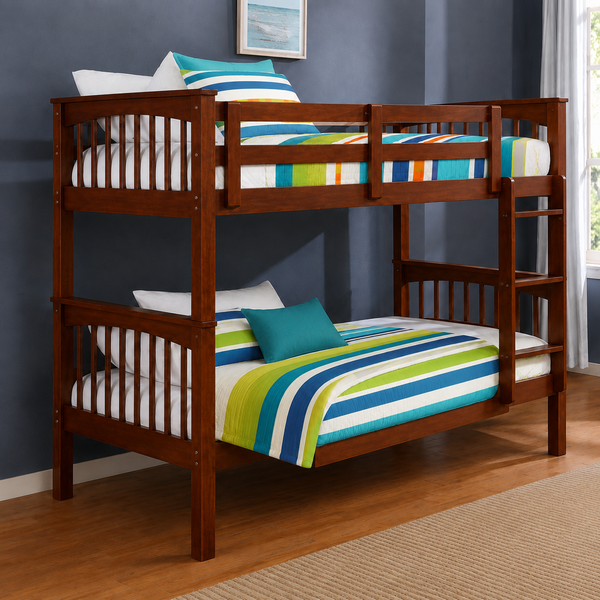 A dark brown wooden bunk bed with safety rails and an attached ladder, styled with colorful striped bedding in a bedroom setting.