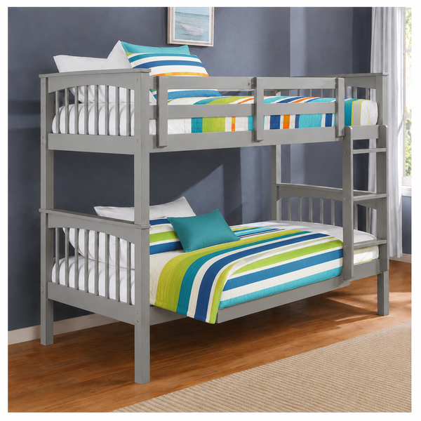Gray wooden bunk bed with safety rails and a ladder, styled with colorful striped bedding in a bedroom setting.