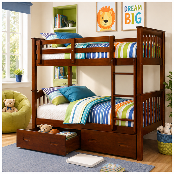 A dark brown wooden bunk bed with colorful striped bedding, shown in a styled children's bedroom with a green chair, teddy bear, rug, and wall decorations.