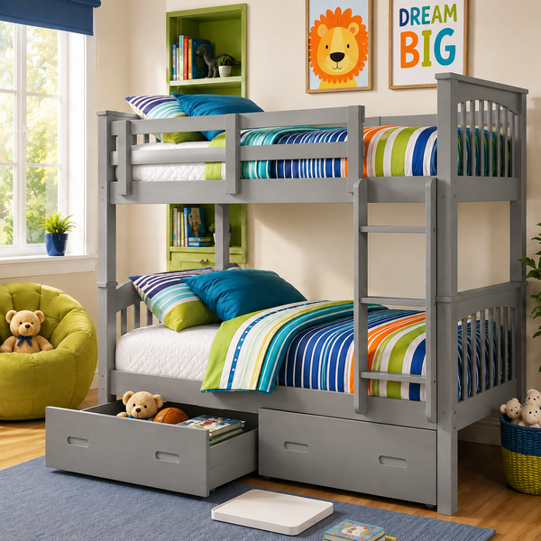 Gray wooden bunk bed with a ladder and under-bed storage drawers, styled in a child's bedroom with colorful striped bedding, a green bean bag chair, and framed lion art on the wall.