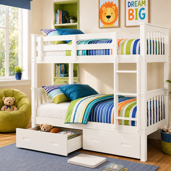 White wooden bunk bed with a ladder and two under-bed storage drawers, styled in a bright children's bedroom with colorful striped bedding, pillows, a green bean bag chair, and framed wall art.