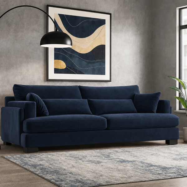 A modern navy blue velvet three-seater sofa in a styled living room setting, featuring a gray concrete-textured wall, a black floor lamp, a framed abstract art print, and a gray patterned rug.
