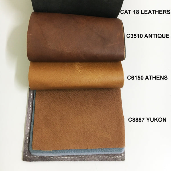 Leather sofa bed fabric swatches in tan and brown with stitched edges