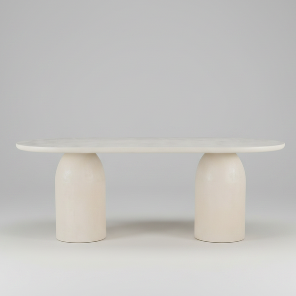 Calisto oval dining table with smooth off-white pedestal base