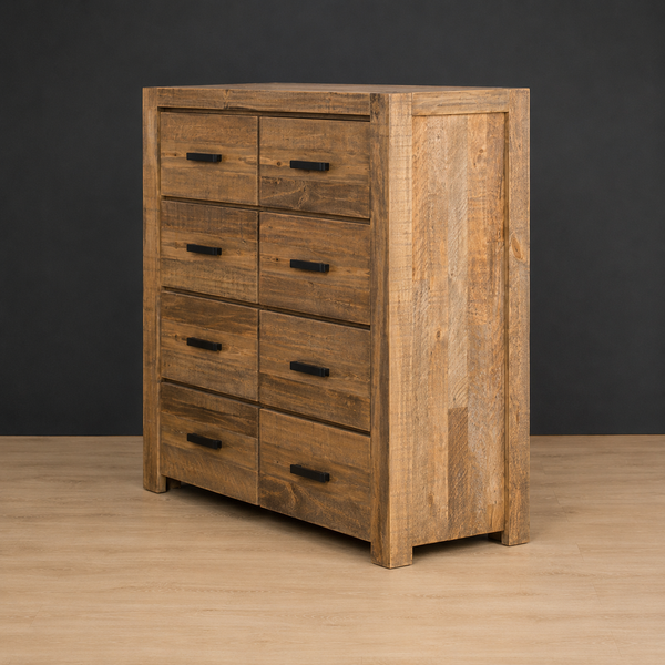 Cassie Queen King Bookcase Bed with Low Foot End in Recycled Rustic Wood 8 Drawer Tallboy Image