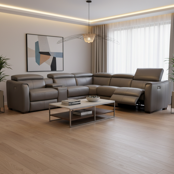 Baxter large corner lounge with 2 electric recliners on each end in grey leather lifestyle photo