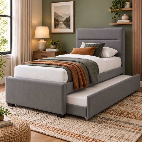 Sasha Single King Single Upholstered bed in grey fabric with trundle bed Lifestyle