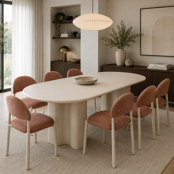 An oval dining table with a sculptural pedestal base, surrounded by eight upholstered dining chairs in a warm dusty rose pink fabric. The dining set is styled in a modern, sunlit dining room with a woven area rug, a large pendant light, and a dark wood sideboard in the background.