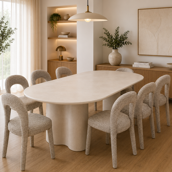 A modern dining room scene featuring a large oval dining table with a sculptural pedestal base, surrounded by eight upholstered dining chairs in a textured light beige fabric. The room has light wood floors, a wooden credenza, built-in shelves with warm lighting, and a large potted tree on the left.