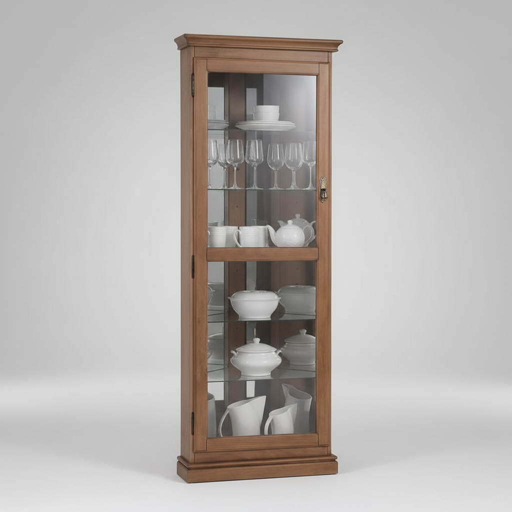 A tall wooden display cabinet with glass doors, shown empty and filled with white dinnerware and glassware for display. The cabinet has a medium brown wood finish and is photographed against a neutral light gray studio background.
