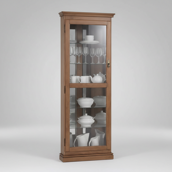 A tall wooden display cabinet with glass doors, shown empty and filled with white dinnerware and glassware for display. The cabinet has a medium brown wood finish and is photographed against a neutral light gray studio background.