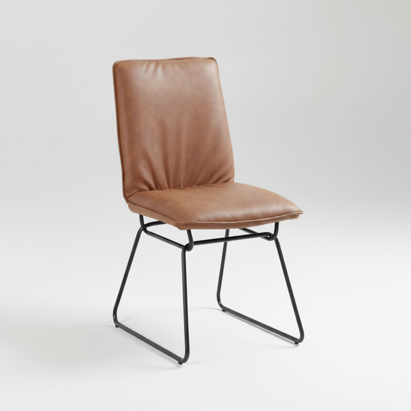 Brown leather chair with black metal frame on a white background