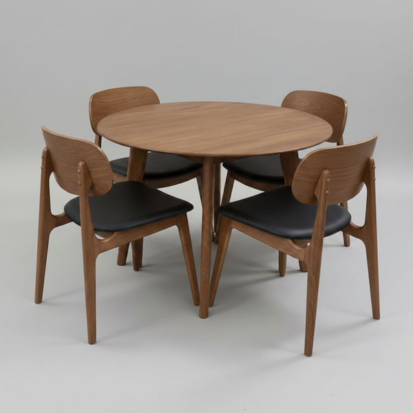 Dining table set with four chairs on a gray background