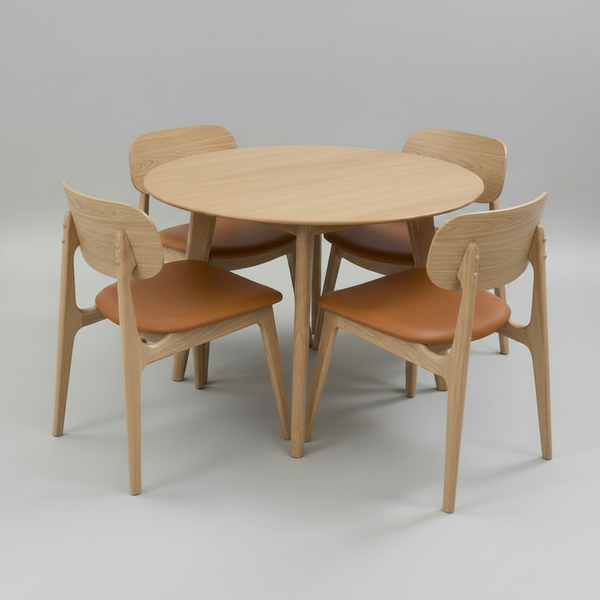 Round wooden table with four matching chairs on a gray background