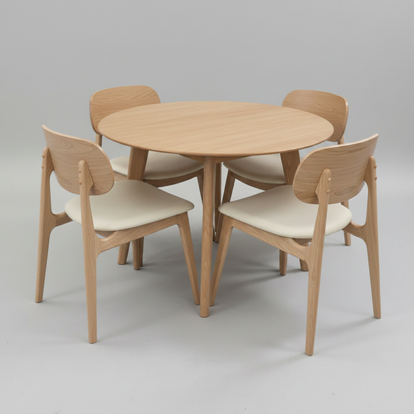 Dining table set with four chairs on a gray background