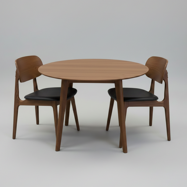 Round wooden table with four chairs on a gray background
