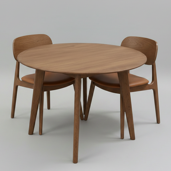 Wooden dining table with two matching chairs on a gray background