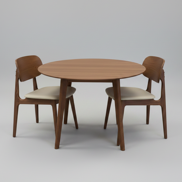 Round wooden table with four chairs on a gray background