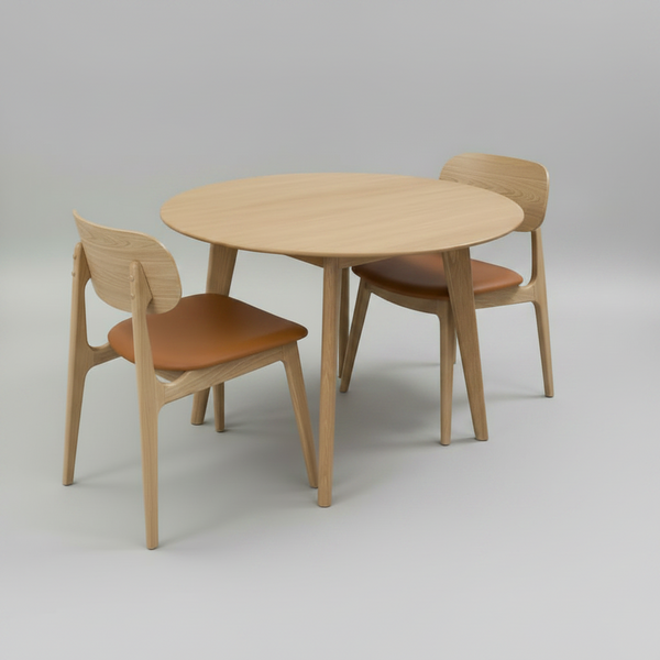 Wooden dining table with two chairs on a light gray background