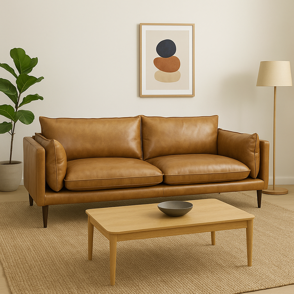 Vintage tan leather 3-seater sofa with split back, deep seat cushions, wooden legs