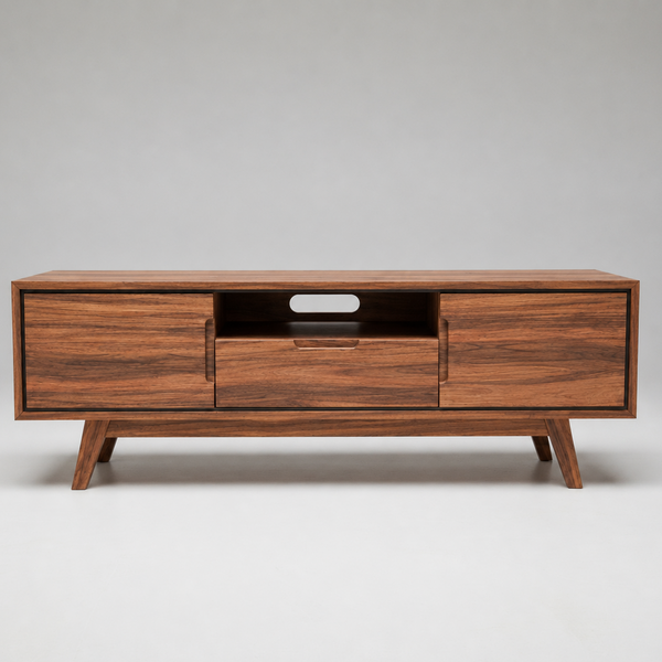 Mid-century modern wooden TV stand with a rich walnut grain finish, featuring two side cabinets, a central drawer, and open storage space, supported by angled legs on a light gray background.