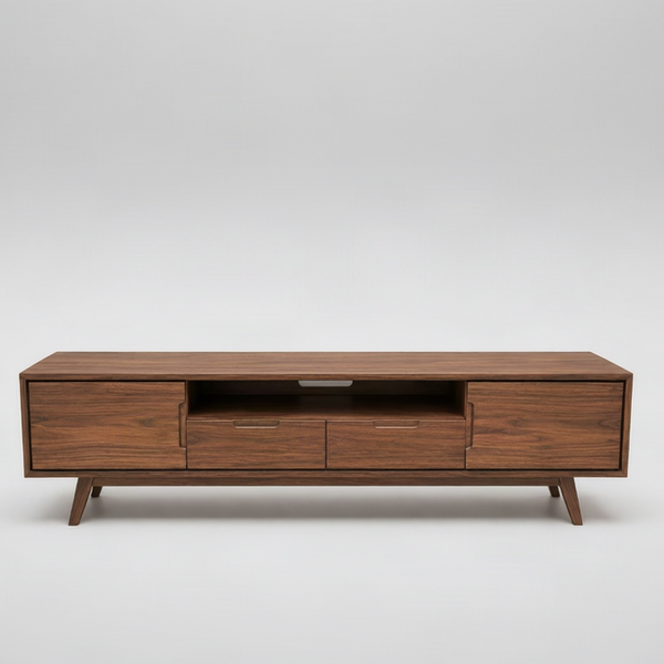 Mid-century modern wooden TV stand with a rich walnut finish, featuring two outer drawers, two center drawers, an open center shelf, and tapered legs, shown against a neutral light gray background.