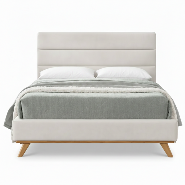 Emma Upholstered Bed Modern Sand Fabric with Oak Base Legs Double Queen and King