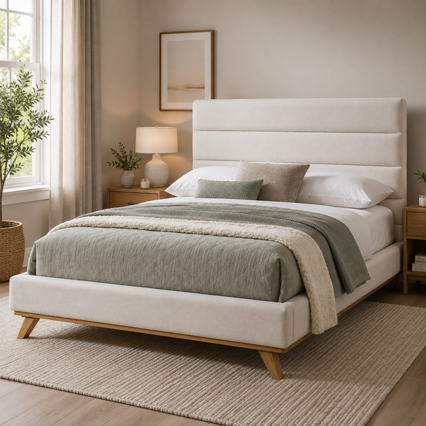 Emma Upholstered Bed Modern Sand Fabric with Oak Base Legs Double Queen and King Lifestyle
