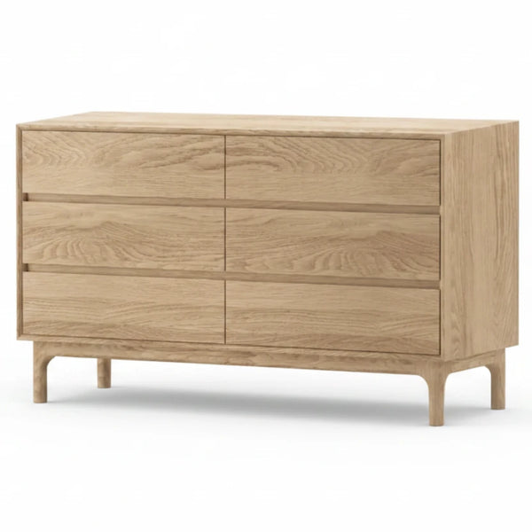 A light oak wood six-drawer dresser with a mid-century modern design, featuring tapered legs and a natural wood grain finish, shown on a plain white background.